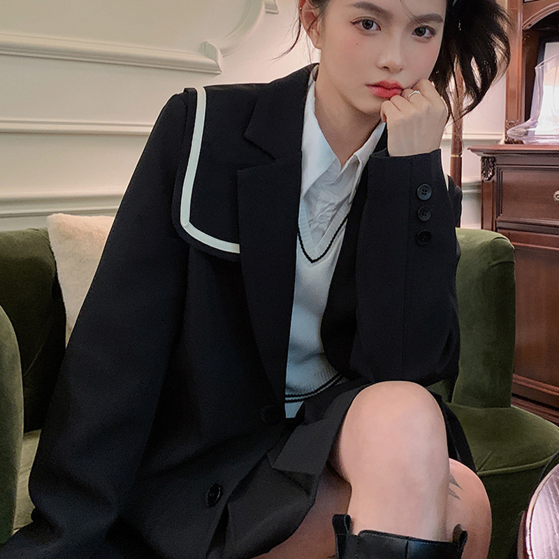 XZ128B-Small Suit Jacket Women's plus size Women's Fat MM200 Jin Contrast Ribbon Navy Collar Loose Suit