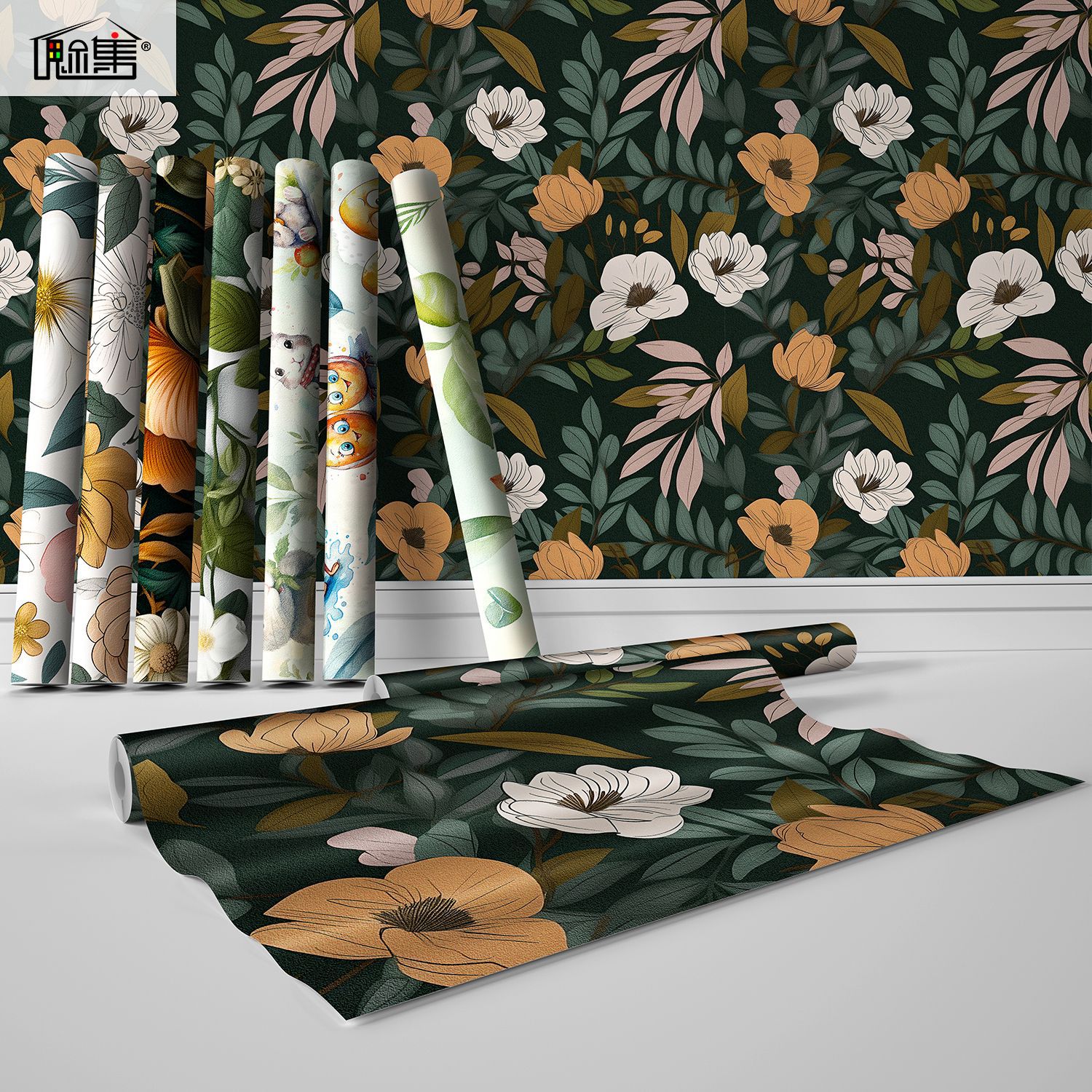 Meiji Flower and Grass Pattern Frosted Wallpaper Living Room Bedroom Waterproof Self-Adhesive Wall Sticker Cross-Border European Wallpaper 45X300