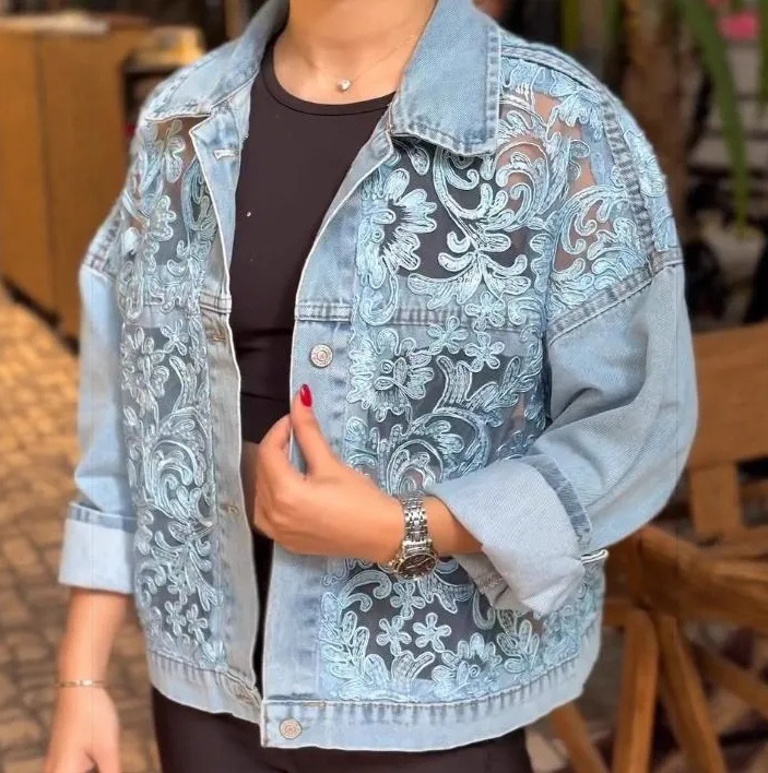 2026 Amazon European and American New Style Loose Fashion Casual Lace Patchwork Denim Jacket Comfortable Casual Short Style
