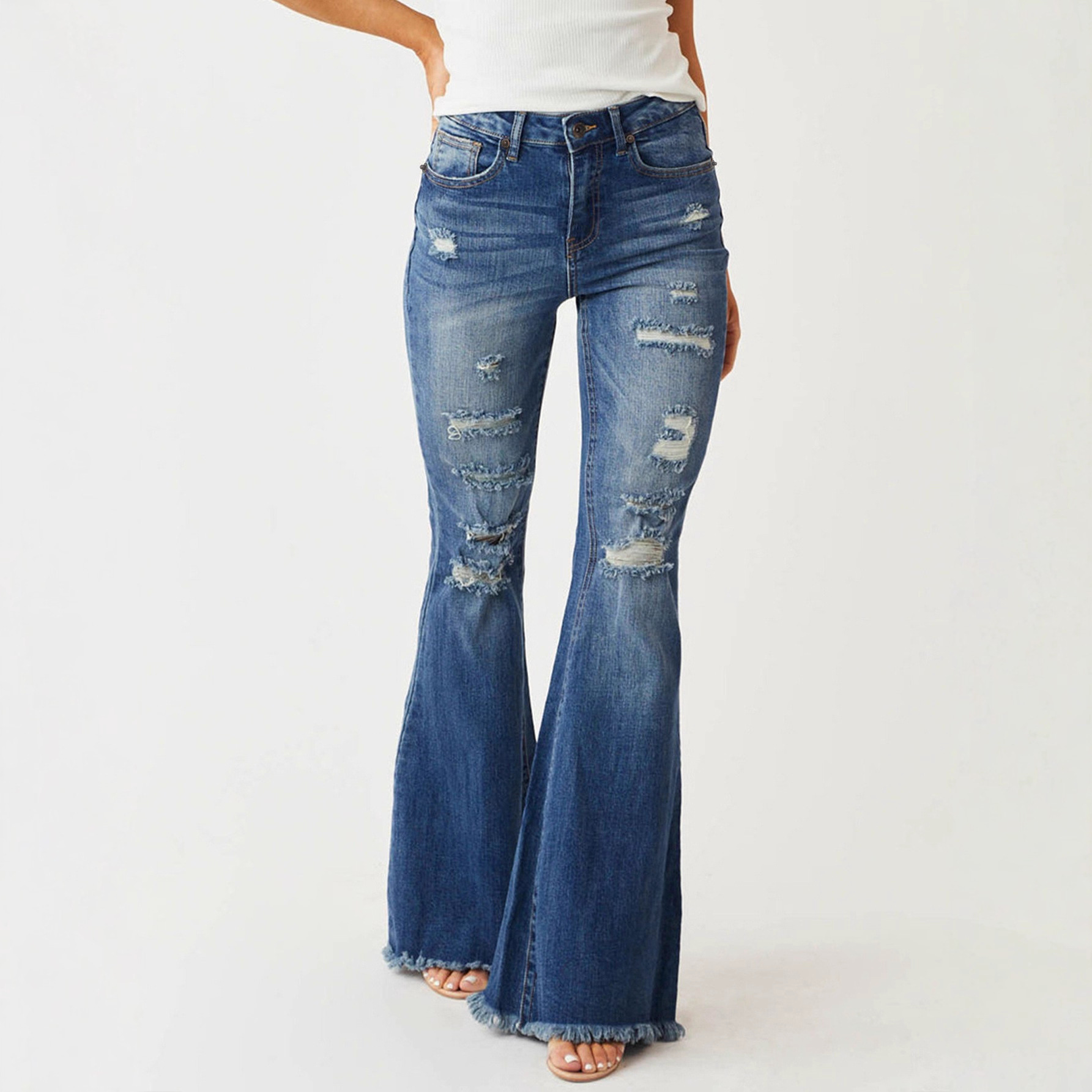 Jeans Acampanados para Mujer de Mezclilla de Algodón, Cintura Media, Alta Elasticidad, con Rotos, para Uso Diario