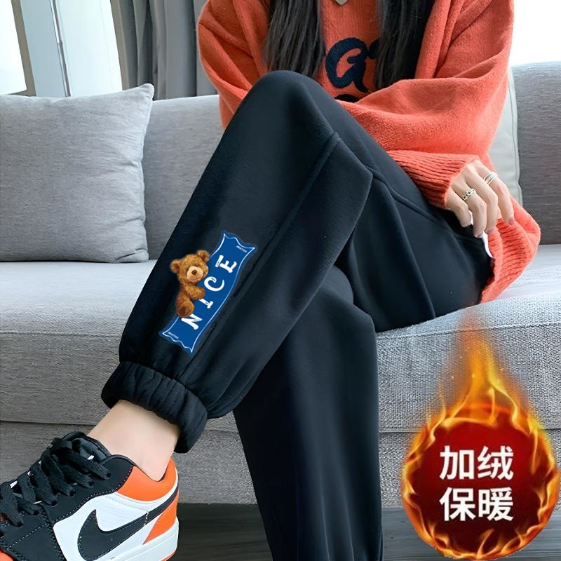 벨벳이 달린 NICE 베어 레깅스 블랙 팬츠