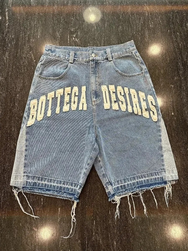 国境を越えた欧米の潮牌刺繍五分デニムパンツ男高街復古骨刺繍ゆるいカジュアルパンツ|undefined