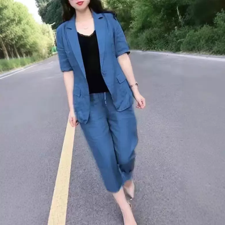 亚马逊东南亚跨境夏季时尚小西装短袖休闲七分裤套装女批发