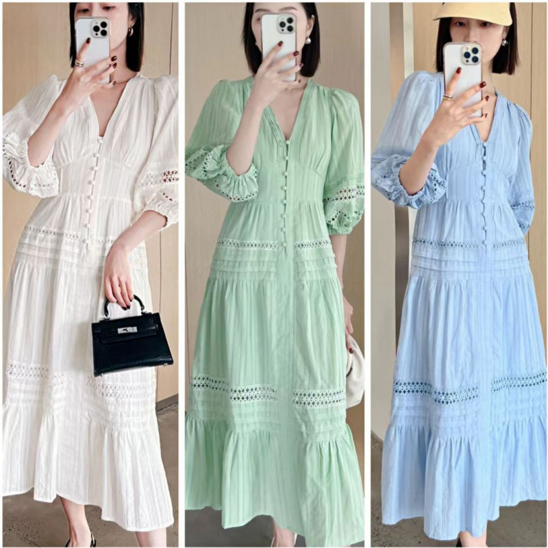 French-Style Gentle V-Neck High-Waisted Lantern Sleeve Autumn and Winter Dress with a High-End Feel and Elegant Hollow-Out Design for Vacation F877 French-Style Gentle V-Neck High-Waisted Lantern Sleeve Autumn and Winter Dress with a High-End Feel and Elegant Hollow-Out Design for Vacation F877