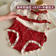 New Year Contrast Color Modal Print Comfortable Skin Friendly Bow Japanese Mid-waist Pure Cotton Crotch Women's Briefs Wholesale
