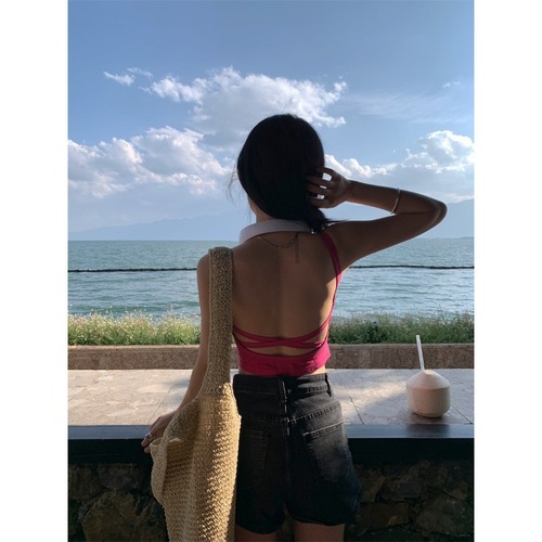 Summer Hot Babe Backless Bralette with Crossback, No Underwire, Built-in Cup, Backless, Fitted Top, Covering Bust, Camisole-style for Women