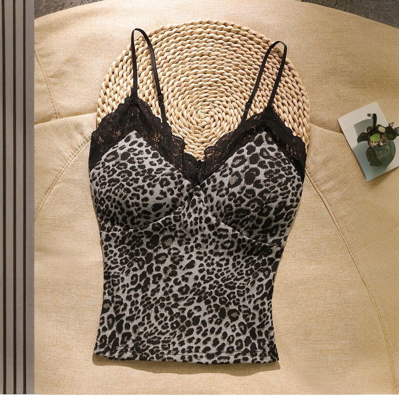 【260G Rayon Modal】Sweet and Spicy Lace Leopard Print Camisole with Chest Pads, V-Neck, Beautiful Back, Short Top