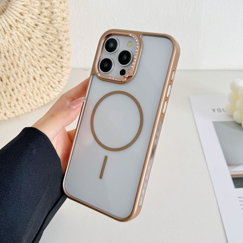 肌触りの良い細い磁気吸着式iPhone17promax用スマホケース、Apple16用蝶結びダイヤモンド付きレンズ保護|undefined