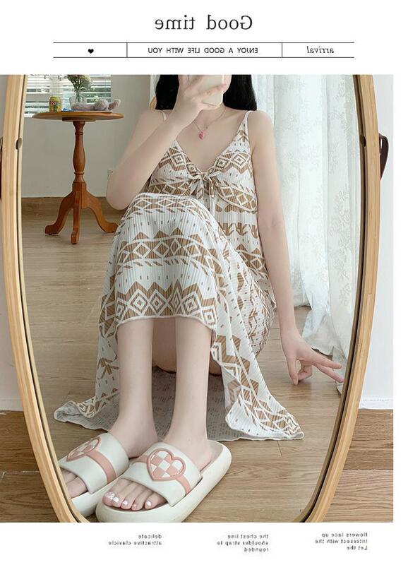 Summer Girl's Home Wear with Chest Pad, Camisole Dress, Sweet Thin Mid-Length Versatile Dress Suitable for Outerwear