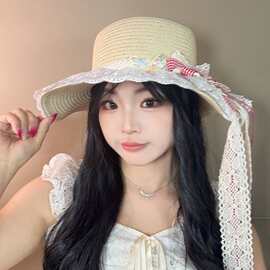 2026夏田园风蕾丝洛丽塔蝴蝶结多色格子草帽出游防晒草编遮阳帽