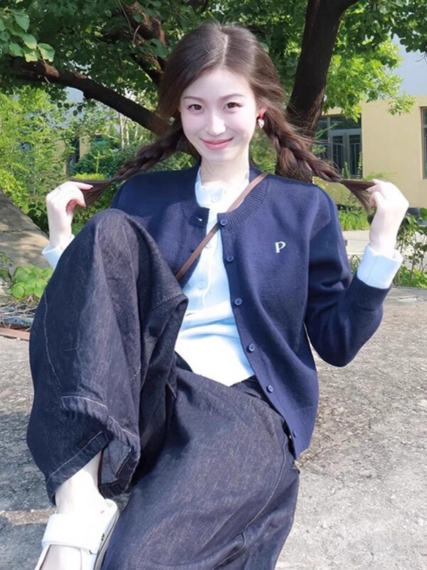 藏青色针织开衫女早秋季拼接圆领软糯毛衣美式休闲假两件上衣外套|undefined