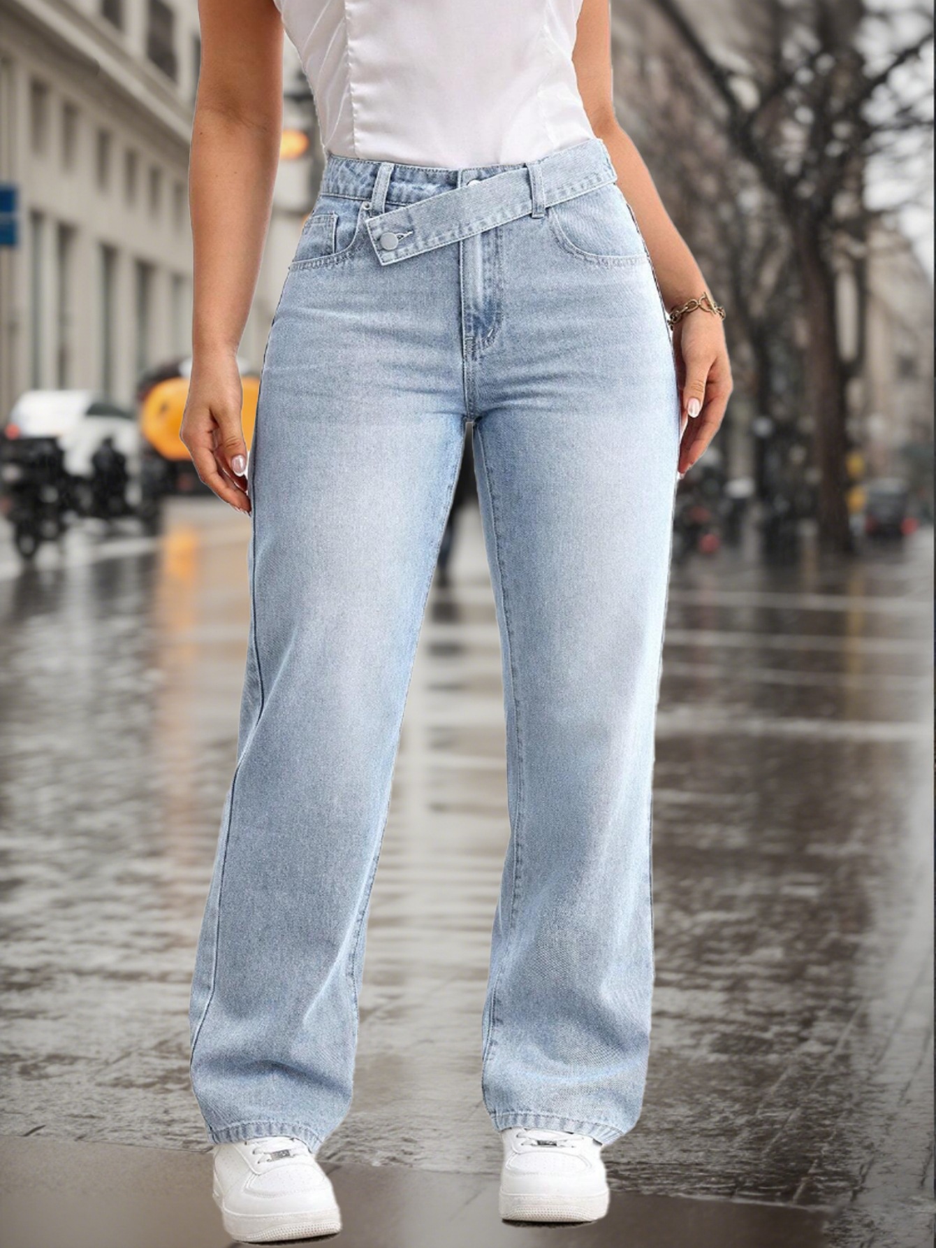 Vaqueros mujer azul claro corte recto cintura ajustable_voghion.com