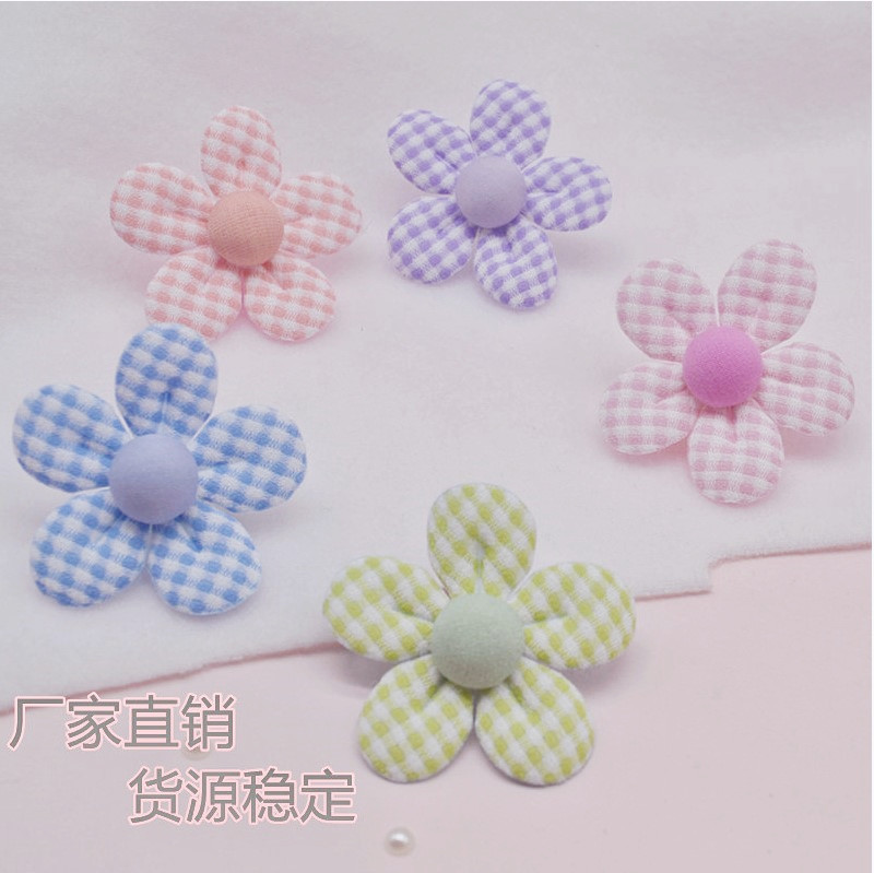 包布扣格子五瓣花朵diy发饰配饰 儿童鞋花半成品配件服装辅料批发