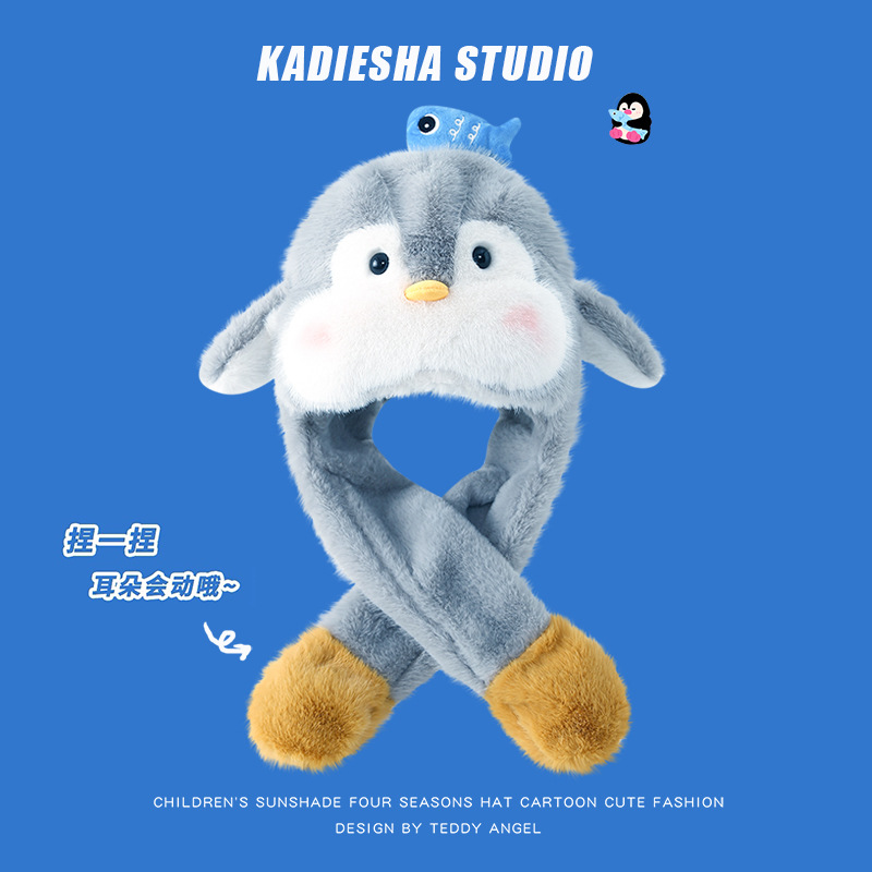 Bonito pingüino para niños sombrero de peluche bufandas de invierno para mujeres calentamiento cuello orejas se moverán gorras protectoras de orejas