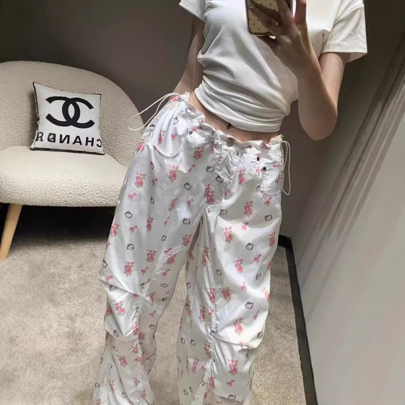 Correct Version Open yy Co-branded All-over Printed Hello Kitty Floral Workwear Casual Pants Loose Paratrooper Pants