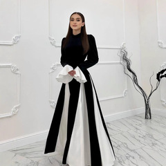 2025秋の新型欧米アマゾンのクロスボーダー婦人服のラッパの袖は色にぶつかって優雅に腰のワンピースを収めます。