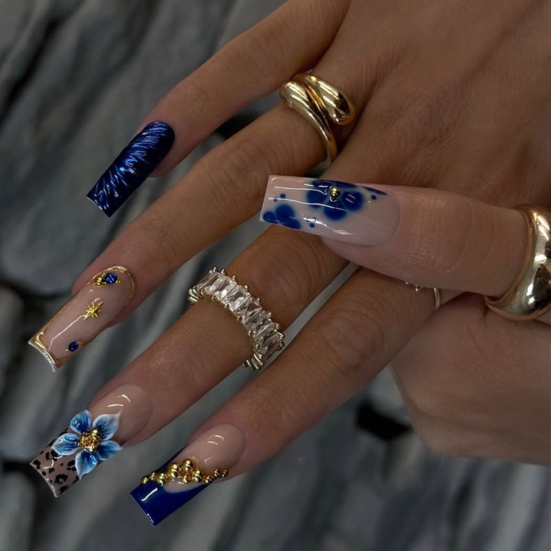 Cross-Border European and American 24-Piece Nail Art Tips with Blue 3D Embossed Floral Design, French Square Nails, Press-On Nails Wholesale Cross-Border European and American 24-Piece Nail Art Tips with Blue 3D Embossed Floral Design, French Square Nails, Press-On Nails Wholesale