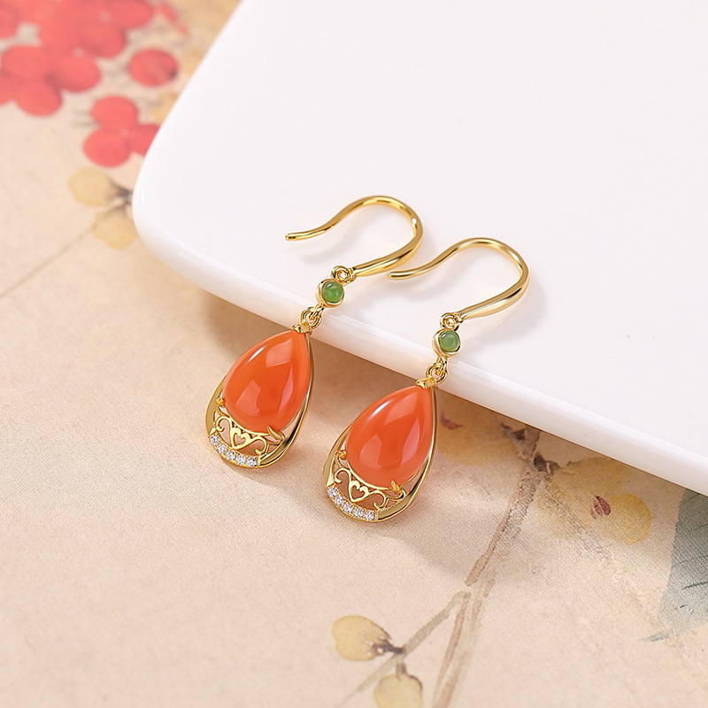 Khuyên tai nữ bạc S925 mạ vàng hồng đính mã não jasper hình giọt nước phong cách thanh lịch — Cặp đôi