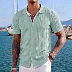 ヨーロッパとアメリカのメンズカジュアルニットカーディガン紳士服夏の新しい無地ラペル中空通気性メンズ半袖トップ