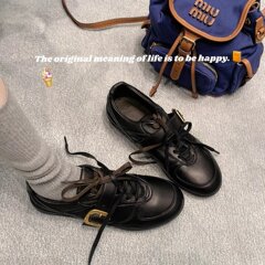 复古双鞋带皮带扣软皮圆头百搭德训鞋女2025秋季新款英伦风小皮鞋