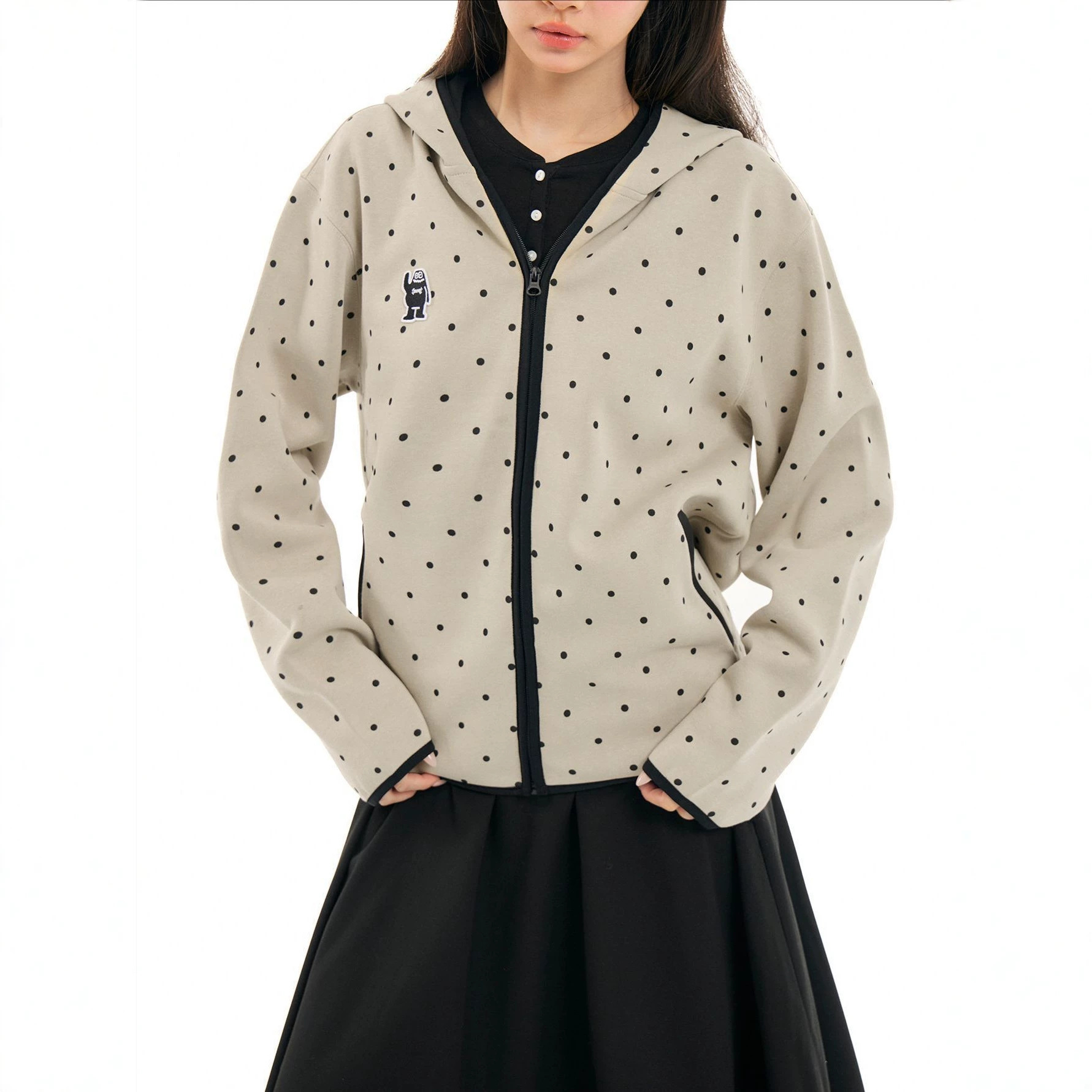 MYSAMES 26A Polka Dot Hooded Cardigan with Black Embroidered Trim and Zipper - New Autumn Style