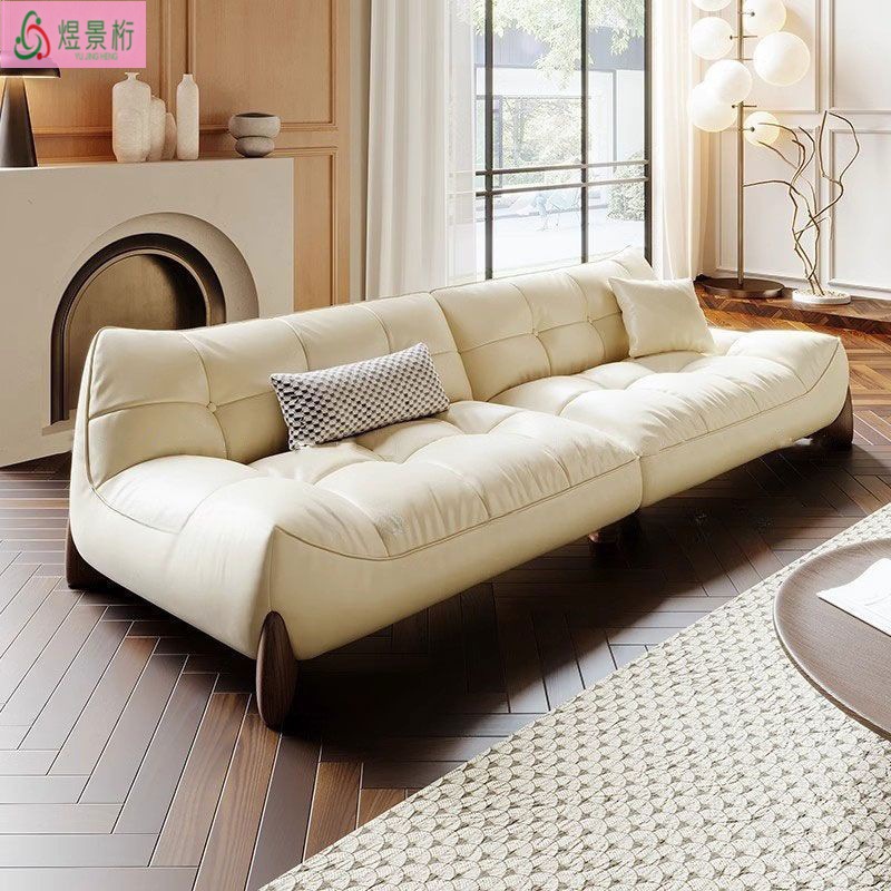 Trendy Cream-Style Genuine Leather Sofa, Light Luxury Living Room Creative Sofa, Simple Small Apartment Straight-Line Leather Art Sofa