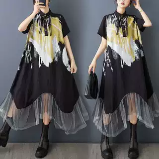 实拍夏季新款宽松时尚印花拼接不规则网纱盘扣设计显瘦气质连衣裙