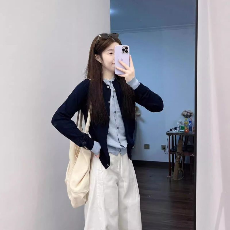 韩系穿搭撞色假两件长袖针织衫女秋季小个子感拼接毛衣外套|undefined