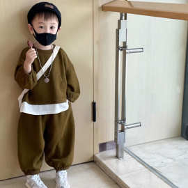 男童春装新款潮装假两件遮肚韩系童装休闲宽松卫衣运动时尚两件套