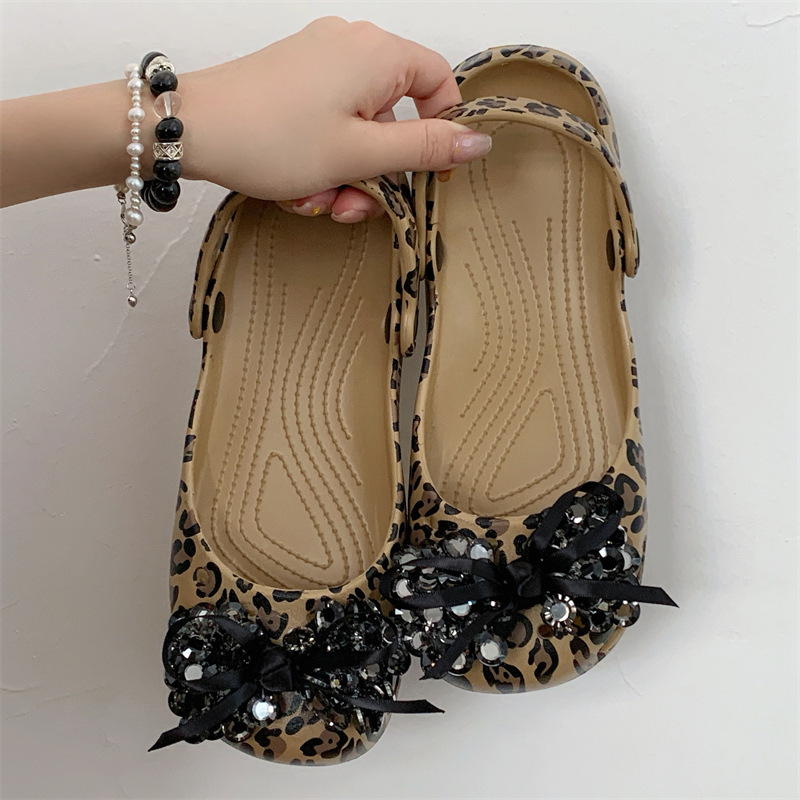 Leopard Print Ballet Clogs for Women, Summer Eva Glitter Butterfly Outdoor Comfortable Beach Non-Slip Closed-Toe Slippers for Women