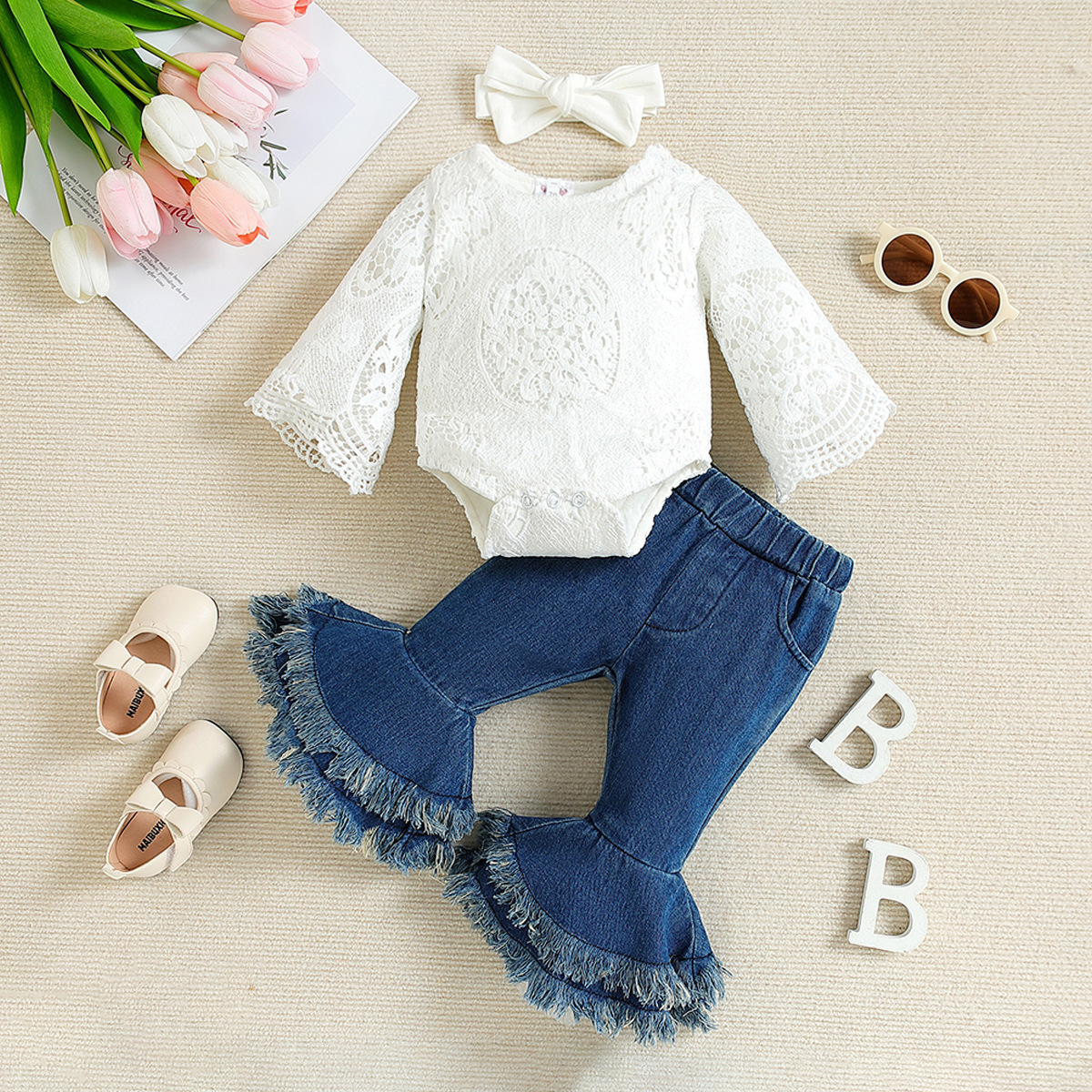Abbigliamento per bambini, set di abiti autunnali, tuta in pizzo con maniche per neonati, set di due pezzi di pantaloni svasati in denim_voghion.com