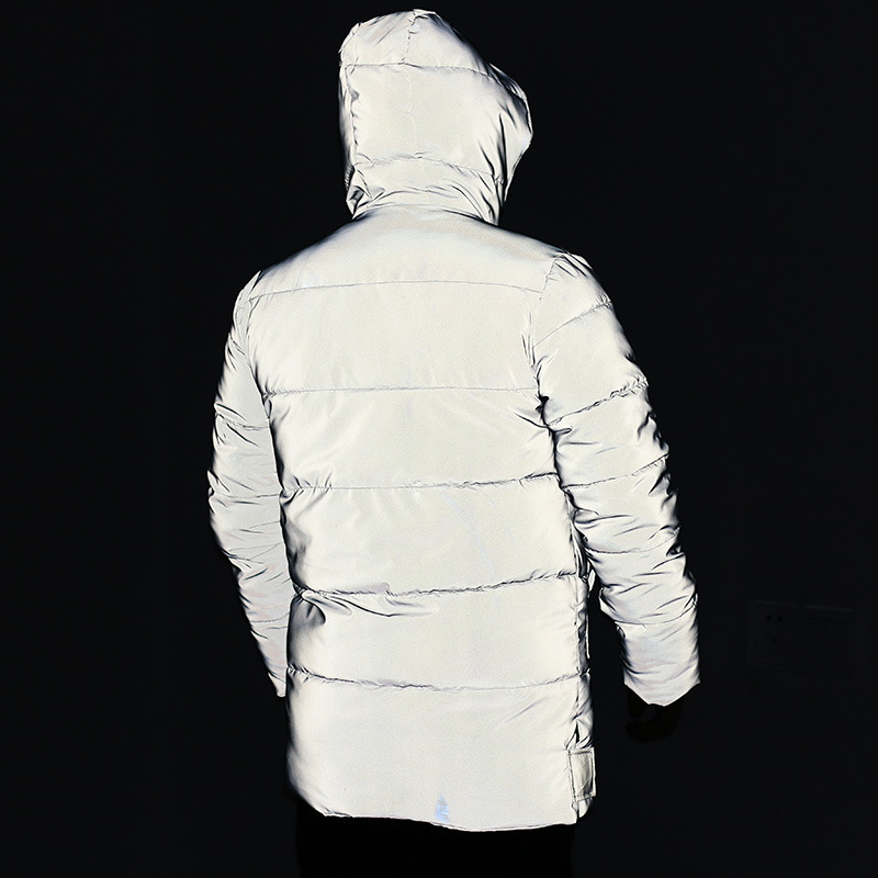Pánské oblečení Nový zimní středně dlouhý reflexní bavlněný kabát Ztluštěný teplý reflexní bavlněný kabát Módní svítící kabát_voghion.com