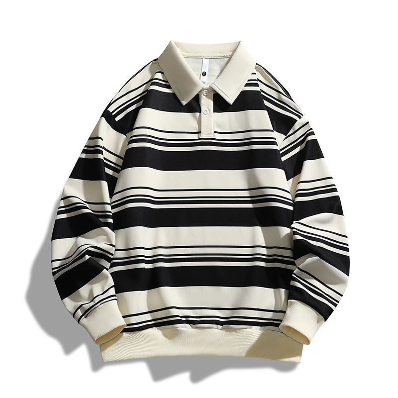 クロスボーダーメンズTシャツ春秋ポロストライプスウェットシャツ暖かいゆったり秋ラペル長袖万能長袖Tシャツ|undefined