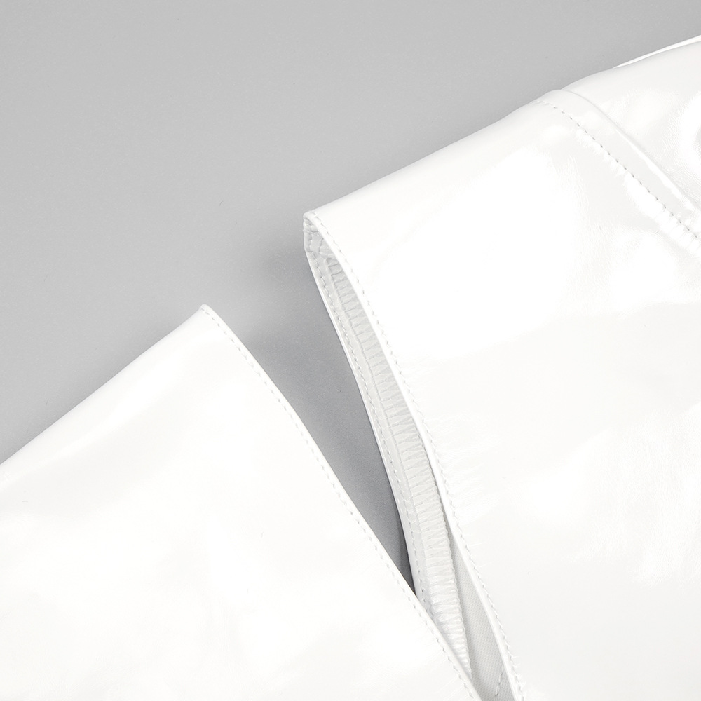 Blusa blanca de encaje elástico bajo con cuello de encaje, pantalones abiertos de cuero sintético con aberturas, conjunto sexy elástico de dos piezas, traje informal