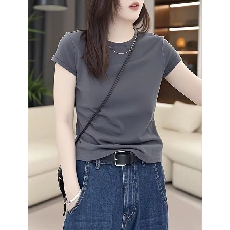 Charcoal Gray Straight-Shoulder Short-Sleeved T-Shirt for Women 2026 Summer New Style Slim Fit Sweet and Sexy Super Nice Top