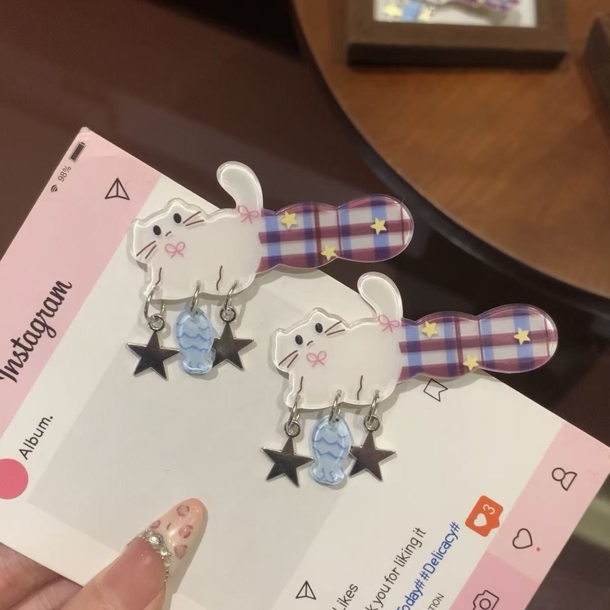 Acrylic Kitten Fishing Plaid Star Alloy Hairpin Pendant Blue Fish Hair Accessory Hair Ornament Pendant Side Clip