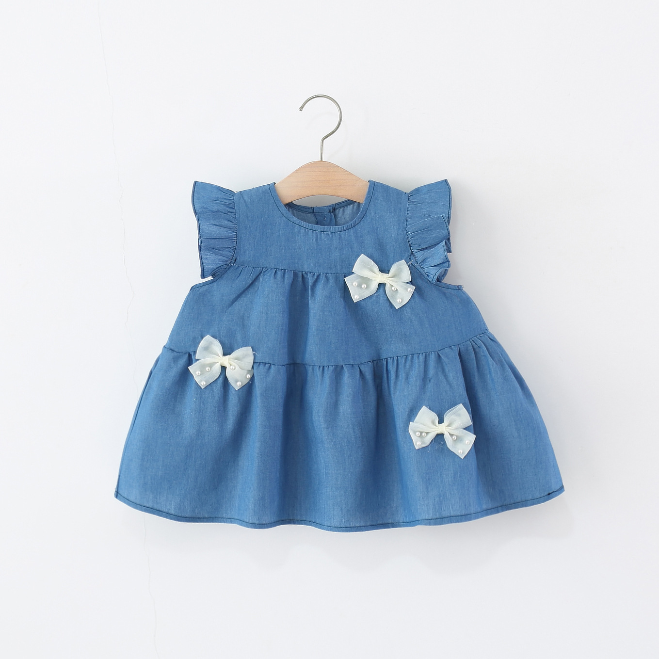 Children's Wear Girls' dress Summer New Children's Flying Sleeve Bow Denim Skirt Baby Girl's Summer Dress