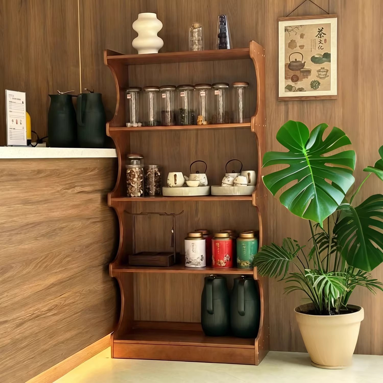 Gabinete de almacenamiento de té de madera sólida estante de té piso multicapa estante de almacenamiento de té residencial gabinete de almacenamiento contra la pared Gabinete de exhibición