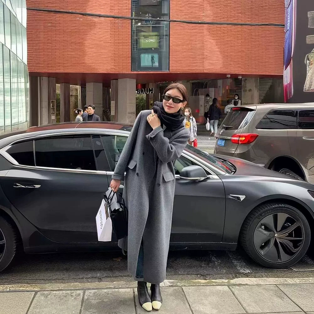 [Положное плечо костюм галстук наплечник] 2024 новый костюм воротник двухстороннее шерстяное пальто длинный двубортный костюм