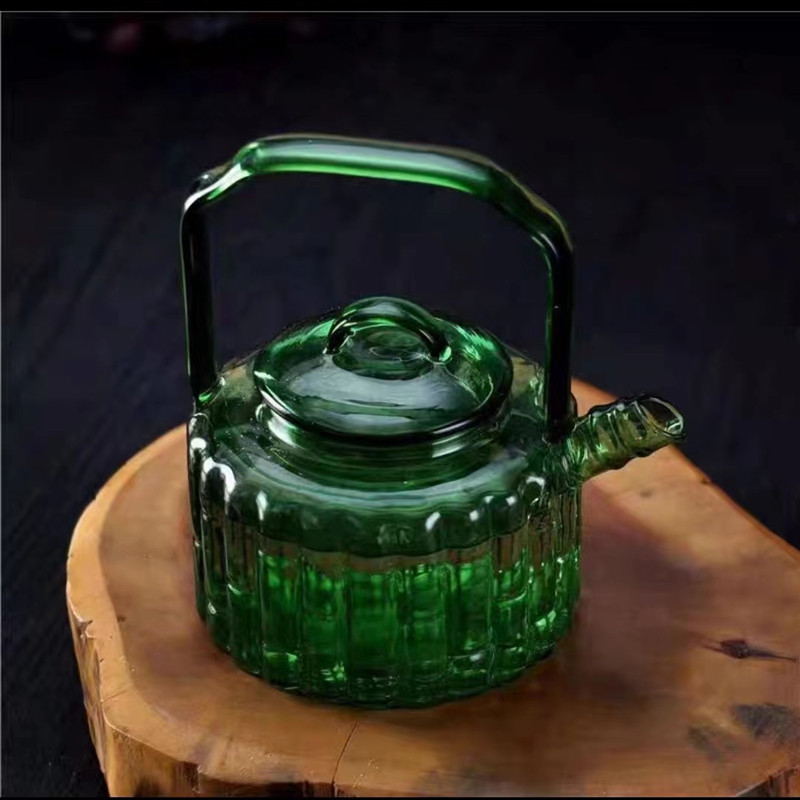綠竹節壺玻璃泡茶壺家用煮茶玻璃泡茶器耐熱玻璃壺嘴過濾提梁壺