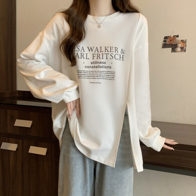开叉长袖T恤卫衣女春秋冬季新款宽松显瘦大码中长款打底衫上衣女|undefined