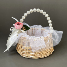 现货珍珠手提编织篮筐伴手礼篮子包ins风伴娘竹藤编插花篮子批发