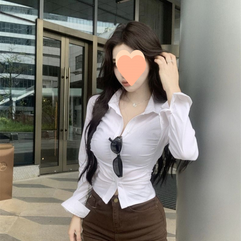 白色辣妹褶皱收腰纯欲上衣新款设计显瘦修身长袖衬衫别致上衣衬衣|undefined