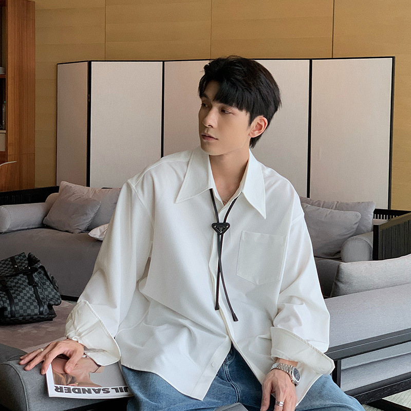 High-end feeling ruffian handsome French collar shirt men's long sleeve spring and autumn summer casual loose hanging feeling white shirt coat