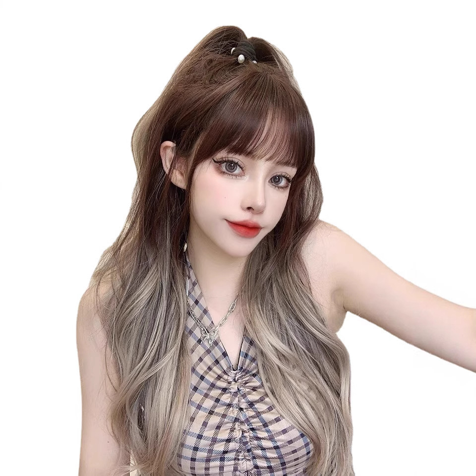 Peluca femenina gradiente de color peluca larga y rizada peluca cabeza completa venta al por mayor Internet celebridad peluca cabeza cubierta japonés y coreano