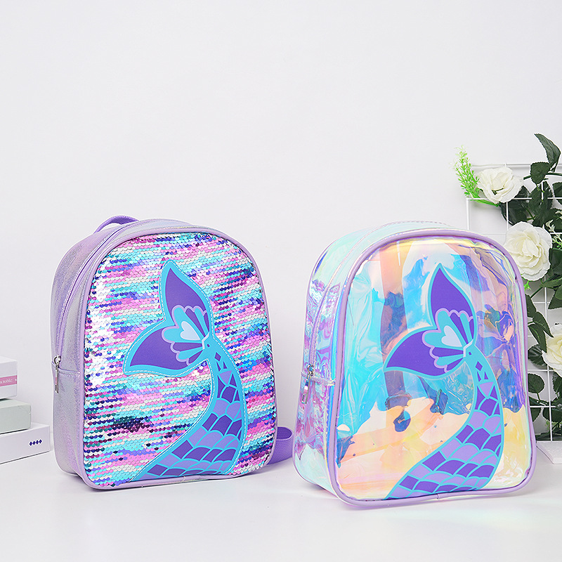 新品鐳射炫彩亮片魚尾刺繡雙肩包大容量兒童透明TPU時尚潮流背包
