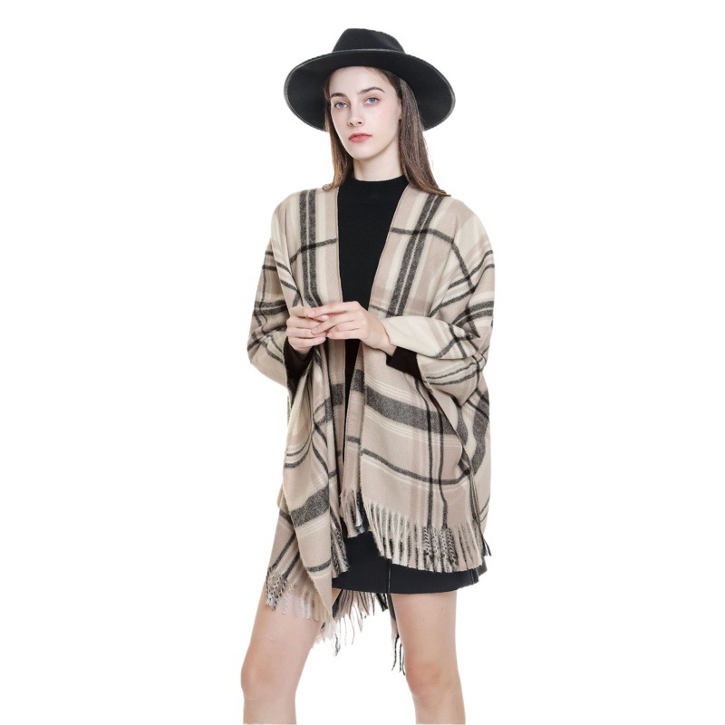 Otoño e Invierno cálido Plaid estilo británico de las mujeres borla moda split 2022 nuevo chal