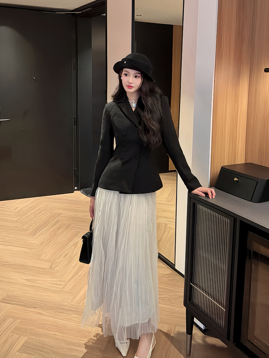 Eight Contour Black Waist Suit Women's Double-Breasted Windbreaker Jacket Short Style