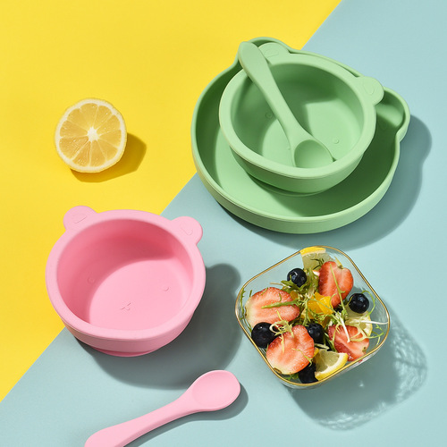 Wholesale Silicone Plates for Children, Cartoon Bear Baby Dishes Set, Silicone Bowl for Baby Food, Silicone Spoon, Maternity and Baby Supplies