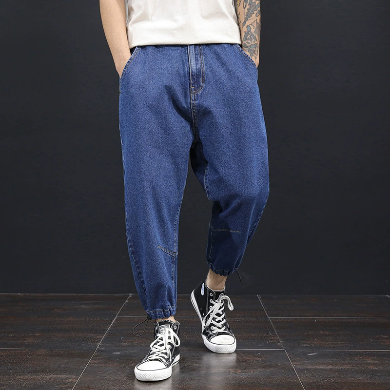 Джинсы для полных мужчин, из необработанного денима, с эластичным поясом, широкие брюки в стиле «папиных» штанов, мужские свободные укороченные джоггеры из необработанного денима.